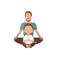 Dad and little son are sitting in the lotus position. Isolated. Cartoon style. vector