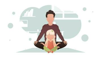 un hombre con un pequeño niña son sentado meditando en el loto posición. yoga. dibujos animados estilo. vector