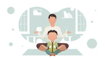papá con pequeño hijo son sentado meditando en el habitación. yoga. dibujos animados estilo. vector