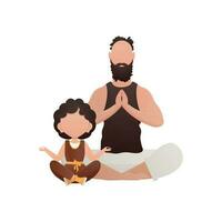 A strong man and a cute little girl are sitting meditating in the lotus position. Isolated. Cartoon style. vector