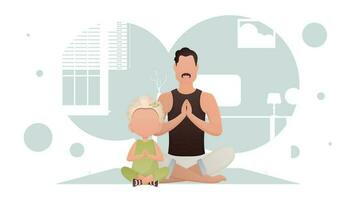 A man with a little girl are sitting meditating. Meditation. Cartoon style. vector