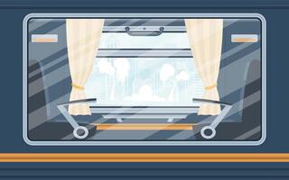 Windows of an empty commuter train. Rail transport is shown outside. Cartoon style. Flat style. vector