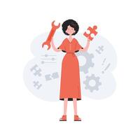 A woman stands in full growth with a puzzle in her hands. Tech support. Element for presentations, sites. vector