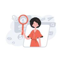 A stylish girl stands waist-deep and holds a magnifying glass in her hands. Human resources. Element for presentations, sites. vector