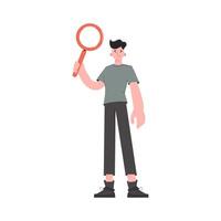 The HR manager stands in full growth and holds a magnifying glass in his hands. Isolated. Element for presentations, sites. vector