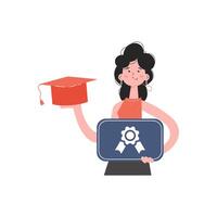 A graduate girl stands waist-deep and holds a graduation cap and a diploma. Isolated.. Element for presentations, sites. vector