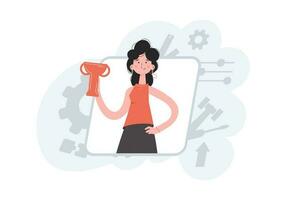 A woman stands waist-deep with a raised goblet. Victory. Element for presentations, sites. vector