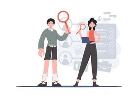 A man and a woman are standing in full growth holding a magnifying glass in their hands. Human resource. Element for presentations, sites. vector