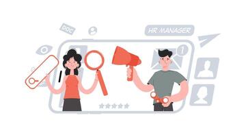 A man and a woman stand with a belt and hold a loudspeaker and binoculars. Human resource. Element for presentations, sites. vector