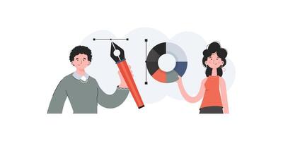 A man and a woman stand with a belt and hold a color wheel. Design. Element for presentations, sites. vector