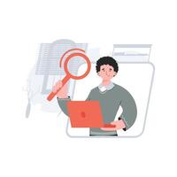 The guy is waist-deep holding a computer and a magnifying glass. Search. Element for presentations, sites. vector