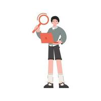 The guy stands in full growth holds a computer and a magnifying glass in his hands. Isolated. Element for presentations, sites. vector