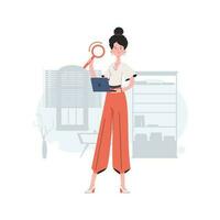 The girl is standing in full growth holding a magnifying glass. Search. Element for presentations, sites. vector