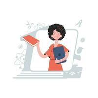 un mujer soportes hasta la cintura y sostiene un libro de texto en su manos. en línea escuela. elemento para presentaciones, sitios vector