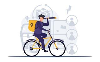 Delivery service is available. Courier riding a bicycle. Vector with a flat design.