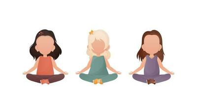pequeño muchachas se sienta en el loto posición. para niños meditación. vector ilustración en dibujos animados estilo. conjunto aislado en un blanco antecedentes.