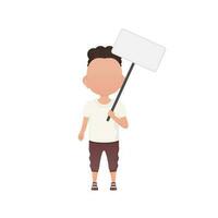 A cute little boy with a blank sign. Isolated. Vector illustration in cartoon style.