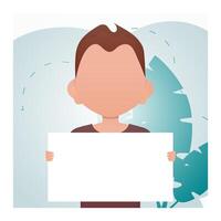 Adorable baby holding a blank sheet in his hands. Place for text. Cartoon style. vector