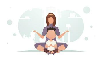 mamá y hijo son sentado en el habitación haciendo yoga en el loto posición. yoga. dibujos animados estilo. vector