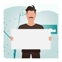 A guy with a strong physique holds a blank sheet in his hands. Place for your advertisement. Cartoon style. vector