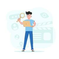 The guy holds a magnifying glass and a laptop in his hands. Information search concept. Trendy vector