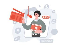 A man stands waist-deep and holds a clapperboard in his hands. Blogging. Element for presentations, sites. vector