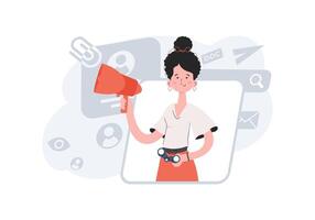 A woman stands waist-deep and holds a loudspeaker in her hands. HR concept. Element for presentations, sites. vector