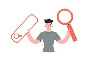 A man stands waist-deep holding a web search bar and a magnifying glass. Isolated. Element for presentations, sites. vector