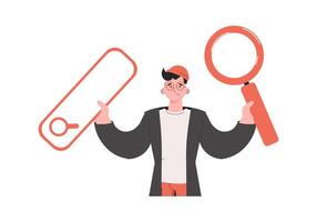 A man stands waist-deep and holds a magnifying glass in his hands. Isolated. Element for presentations, sites. vector