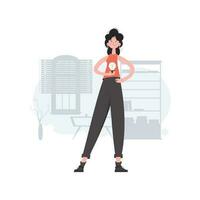 A woman stands in full growth with a light bulb in her hands. Idea. Element for presentations, sites. vector