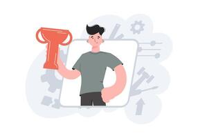 A man stands waist-deep with a raised goblet. Victory. Element for presentations, sites. vector