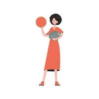 A woman stands in full growth holding a piggy bank. Isolated. Element for presentations, sites. vector