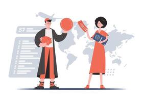 A man and a woman are standing in full growth holding a piggy bank with a coin and a passport with a boarding pass in their hands. Savings. Element for presentations, sites. vector