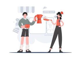 A man and a woman stand in full growth and hold a spatula and a coffee pot. Cafe. Element for presentations, sites. vector