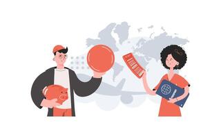 A man and a woman stand with a belt and hold a coin and a passport. Travels. Element for presentations, sites. vector