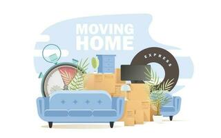 Lots of boxes and stuff. Moving house concept. Cartoon style. vector illustration