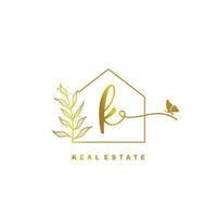 letter K handwritten Real estate logo concept. Feminine style Handwritten alphabet with floral in the logo template. Letters and Alphabet for your logo design. vector