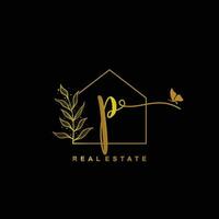 letter P handwritten Real estate logo concept. Feminine style Handwritten alphabet with floral in the logo template. Letters and Alphabet for your logo design. vector