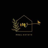 letter M handwritten Real estate logo concept. Feminine style Handwritten alphabet with floral in the logo template. Letters and Alphabet for your logo design. vector