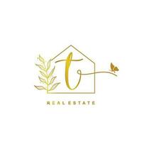 letter T handwritten Real estate logo concept. Feminine style Handwritten alphabet with floral in the logo template. Letters and Alphabet for your logo design. vector