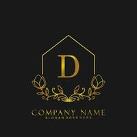 letter D Real estate logo concept. Feminine style alphabet with floral in the logo template. Letters and Alphabet for your logo design. vector