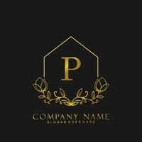 letter P Real estate logo concept. Feminine style alphabet with floral in the logo template. Letters and Alphabet for your logo design. vector