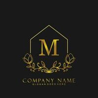 letter M Real estate logo concept. Feminine style alphabet with floral in the logo template. Letters and Alphabet for your logo design. vector
