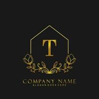 letter T Real estate logo concept. Feminine style alphabet with floral in the logo template. Letters and Alphabet for your logo design. vector