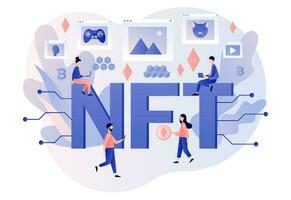 NTF - big text. Non-fungible token. Tiny people investing in Crypto art, game, video. Online gallery nft art. Internet marketplace and blockchain technology. Modern flat cartoon style. Vector