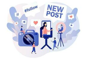 Blogging concept. Blogger creating photo and video content, writes new post for social media networks. Influencer marketing. SMM. Modern flat cartoon style. Vector illustration on white background