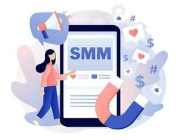 SMM - text on smartphone screen. Tiny people work social media managers. Digital marketing, online advertising. SMM course or school. Modern flat cartoon style. Vector illustration on white background