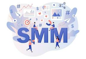 SMM - big text. Tiny people work social media managers. Digital marketing, online advertising. SMM course or school. Modern flat cartoon style. Vector illustration on white background