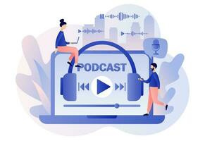 Podcast concept. Tiny people listening audio online via laptop. Online training, radio show or audio blog. Podcasting. Modern flat cartoon style. Vector illustration on white background