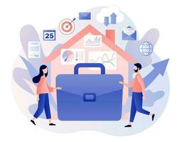 Remote working. House and briefcase as metaphor for work at home. Tiny people from around the world connecting and working online. Freelance. Modern flat cartoon style. Vector illustration